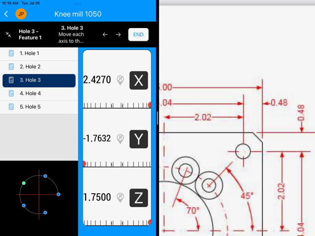 Split screen print and circle pattern dro and feature list pinch zoom